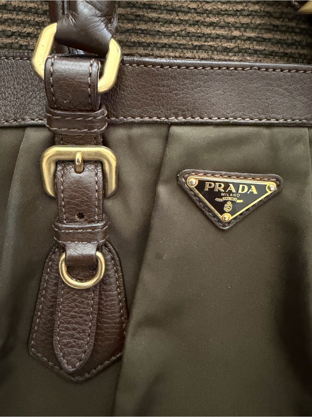 Vintage Dark Olive-Brown Prada Cervo-Trimmed Tessuto Handle Bag - Picture 4 of 15
